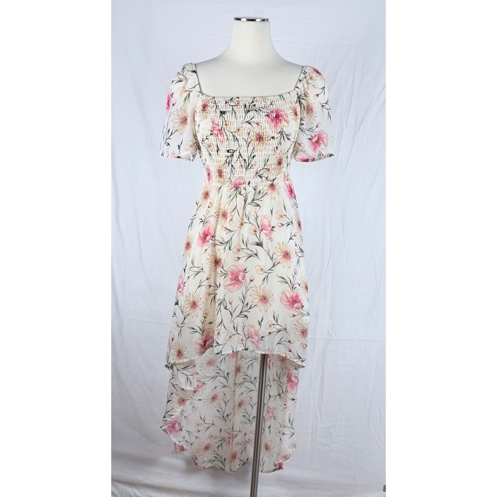 Lily Rose Floral Hi-Low Milkmaid Dress Smocked XS Cottagecore Fairy Coquette